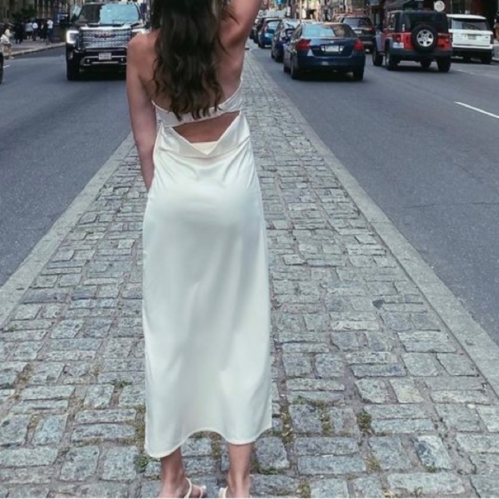 Satin off-white strapless midi dress